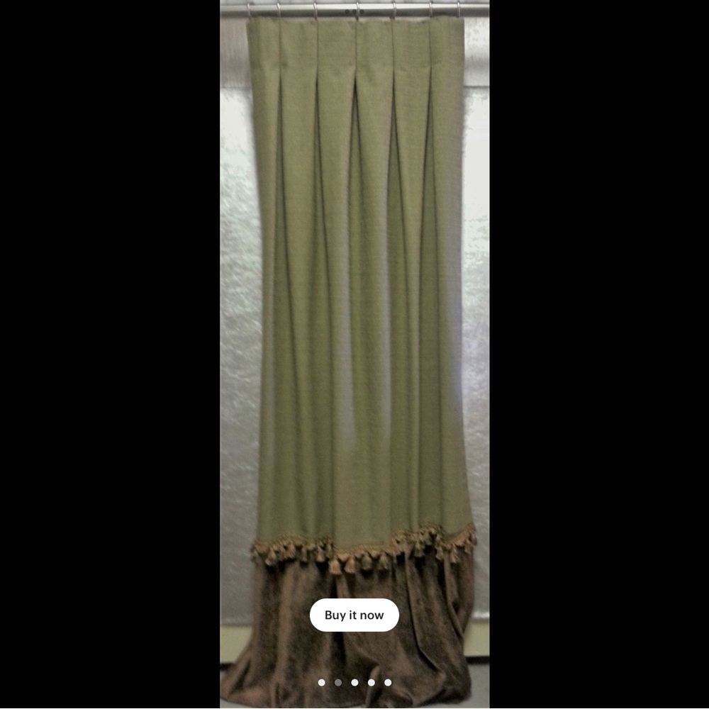 Curtain panel. Two fabrics separated by a tassel fringe. Custom made. New